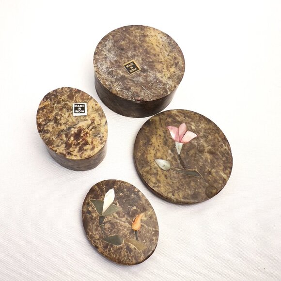 Soapstone Handcrafted Vintage Trinket Boxes Oval & Round Set Floral Inlay India - Picture 9 of 12